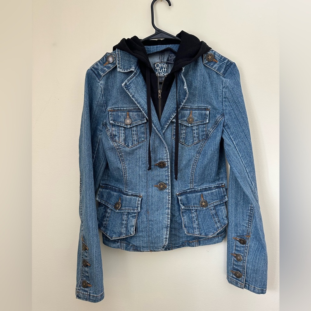 One Tuff Babe Blue Denim Jacket with Black Hoodie